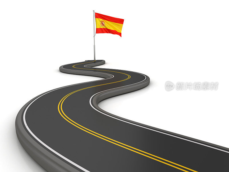 蜿蜒的道路上的西班牙国旗- 3D渲染